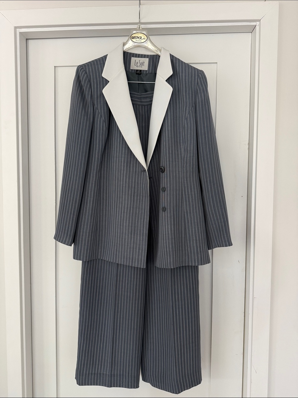 Le Suit Gray Pinstripe Blazer with White Contrast Lapel